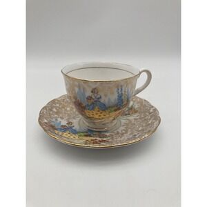 Colclough Bone China Teacup Saucer Set Crinoline Lady Garden Heavy Gold Chintz